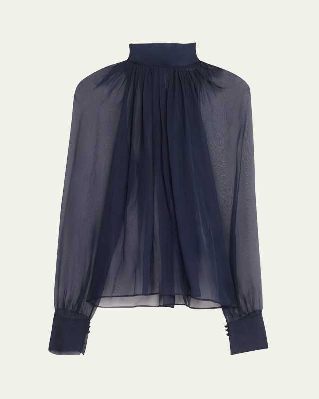 Sheer Ruched Hig-Neck Blouse